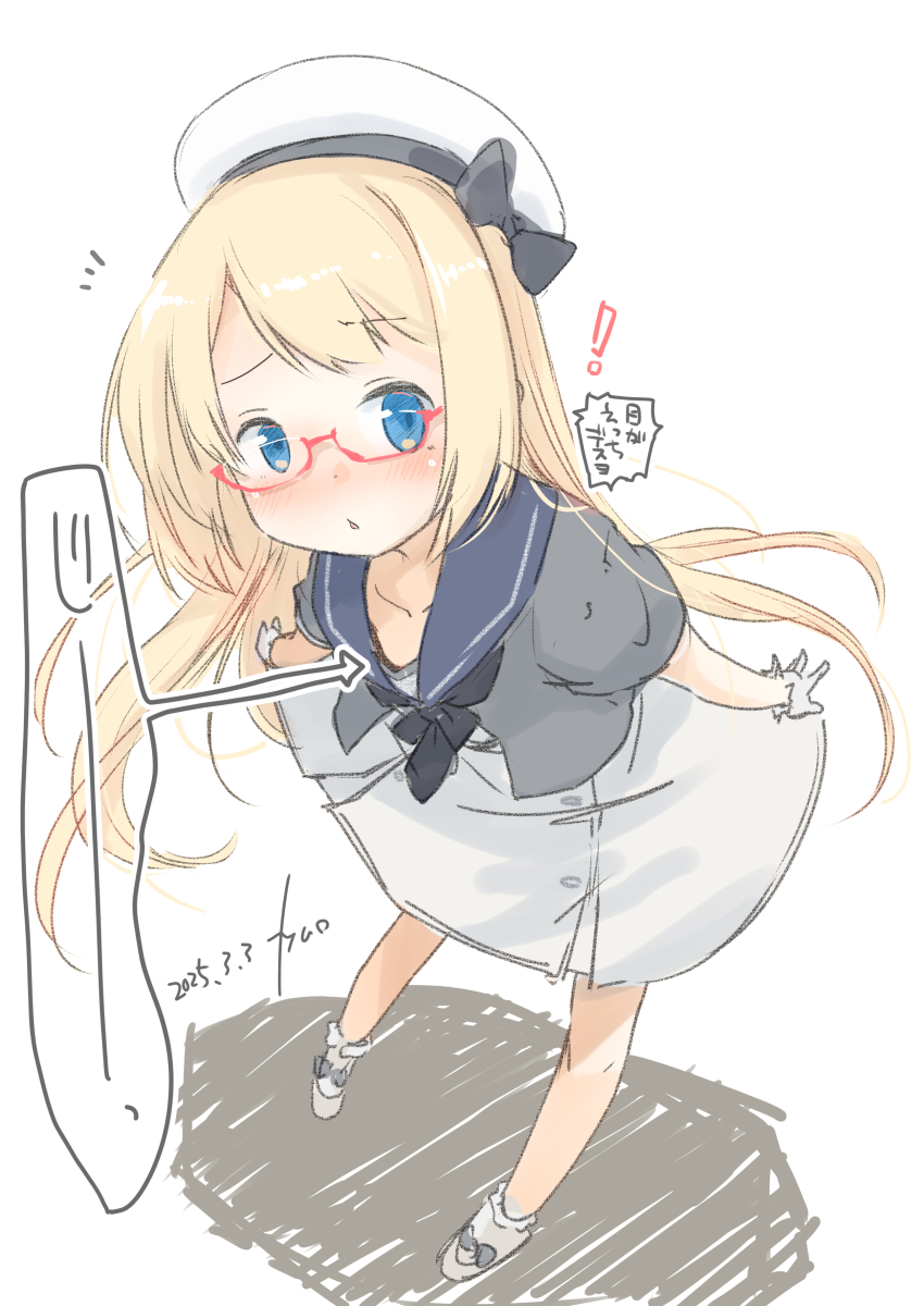 1girl absurdres artist_name bespectacled black_neckerchief blonde_hair blue_eyes blue_sailor_collar dated dress full_body fyuo glasses gloves grey_jacket hat heart highres jacket jervis_(kancolle) kantai_collection logo long_hair looking_at_viewer neckerchief sailor_collar sailor_dress sailor_hat short_sleeves simple_background socks solo spoken_heart white_background white_dress white_gloves white_hat white_socks