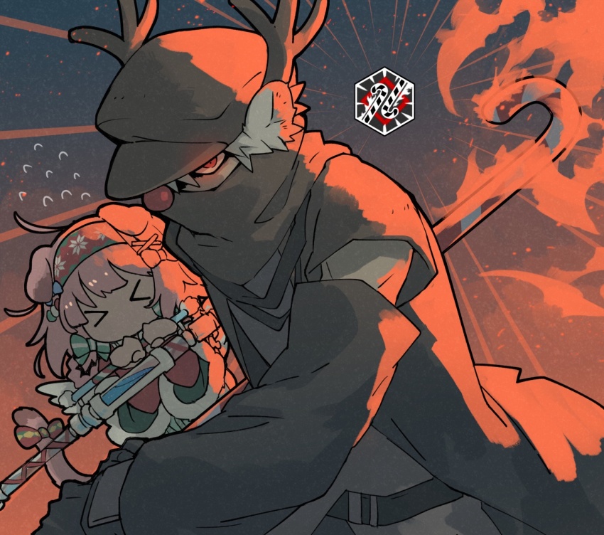 &gt;_&lt; 1boy 1girl ahoge animal_ears antlers arknights black_jacket bow candy candy_cane cat_ears cat_girl deer_ears fire floppy_ears floral_print flower flying_sweatdrops food goldenglow_(arknights) goldenglow_(maiden_for_the_bright_night)_(arknights) grey_shirt hair_bow hair_ornament hairband highres holding holding_staff horns improvised_weapon jacket looking_at_viewer mask morini_ochiteru mouth_mask official_alternate_costume poinsettia print_hairband red_eyes red_hairband red_nose reindeer_antlers shirt staff x_hair_ornament