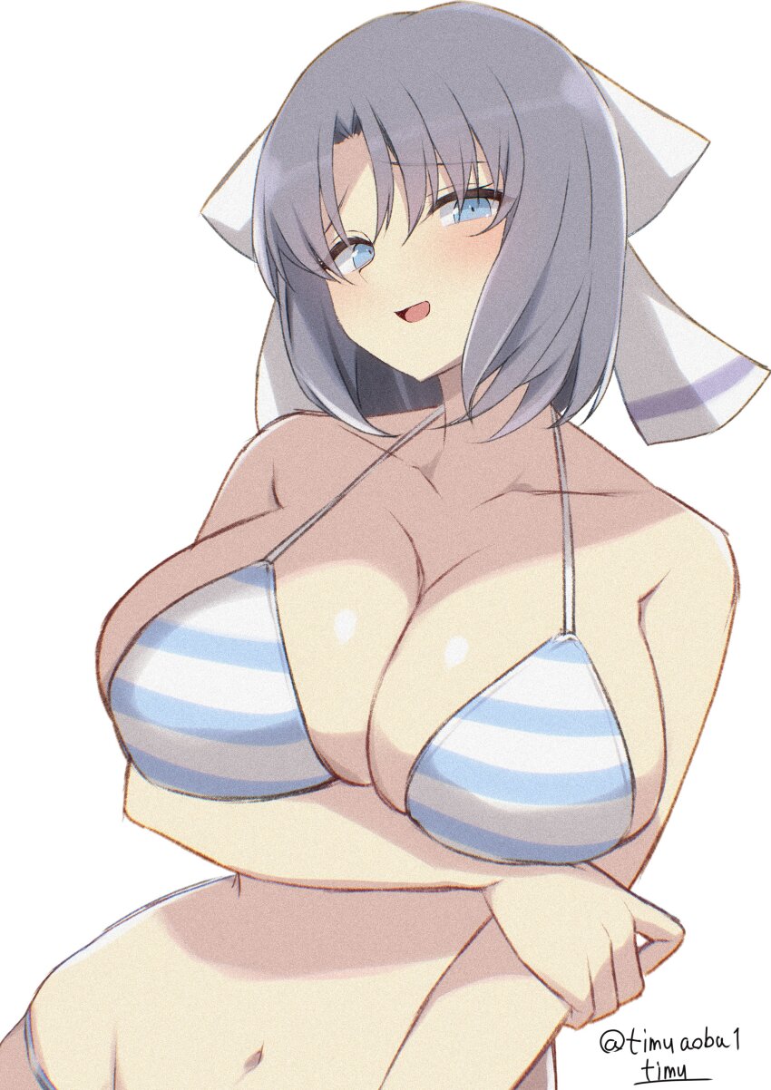 1girl absurdres arm_under_breasts artist_name bare_shoulders bikini blue_eyes blush breasts chimunge cleavage collarbone grey_hair hair_ribbon highres huge_breasts large_breasts medium_hair midriff navel ribbon senran_kagura senran_kagura_burst senran_kagura_burst_re:newal senran_kagura_estival_versus senran_kagura_shinovi_versus signature solo standing stomach striped_bikini striped_clothes swimsuit upper_body yumi_(senran_kagura)
