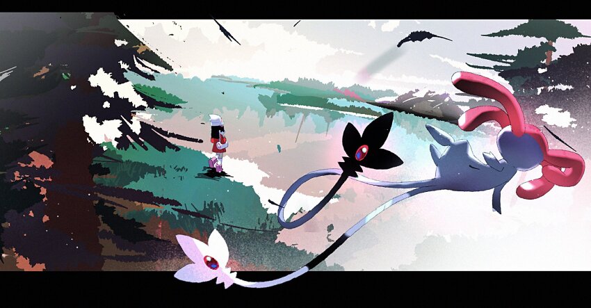 1girl bag beanie commentary dawn_(pokemon) den4en english_commentary floating gen_4_pokemon hat highres holding holding_bag lake legendary_pokemon mesprit multiple_tails nintendo on_grass outdoors pokemon pokemon_(creature) pokemon_dppt pokemon_platinum scenery standing tail tree white_bag white_hat