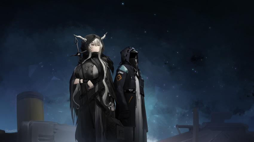 1girl 1other absurdres arknights artist_name bandaged_arm bandages black_cape black_coat black_dress box breast_pocket breasts brown_eyes cape closed_mouth coat commentary doctor_(arknights) dress english_commentary feet_out_of_frame grey_hair hand_in_pocket highres holding holding_box hood hooded_cape hooded_coat horns horns_through_hood irkawaza jewelry large_breasts long_hair long_sleeves mask necklace night night_sky open_clothes open_coat outdoors pocket rooftop sheath sheathed shining_(arknights) signature sky smile standing star_(sky) starry_sky sword very_long_hair weapon