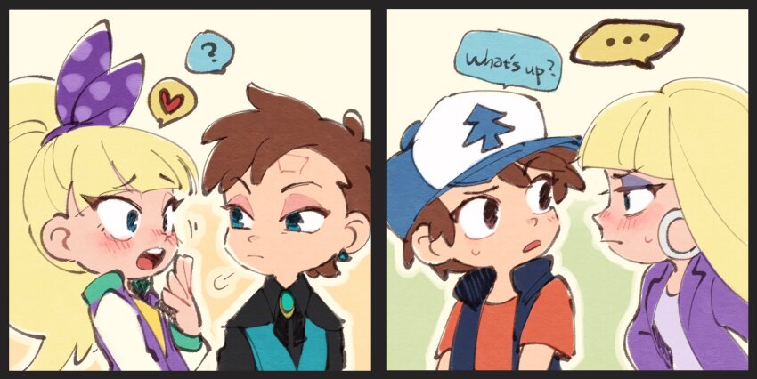 ... 2boys 2girls ? baseball_cap blonde_hair blue_eyes blush brown_hair closed_mouth dipper_gleeful dipper_pines english_text gravity_falls hair_ribbon hat heart highres jacket long_hair mixed-language_commentary multiple_boys multiple_girls open_clothes open_jacket pacifica_northwest pacifica_southeast ponytail profile purple_jacket purple_ribbon reverse_falls_(gravity_falls) ribbon short_hair sweatdrop ukata