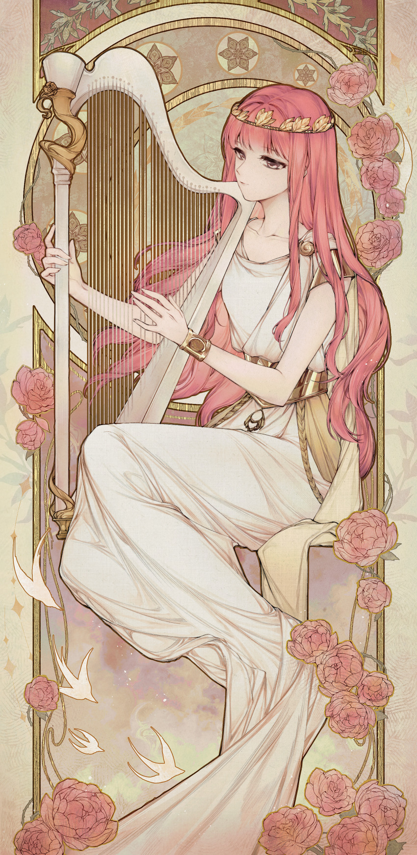 1girl absurdres armor artist_request bird blunt_bangs bracelet brown_eyes card_(medium) collarbone commission crescent dress expressionless eyelashes flower full_body gold_armor gold_bracelet greco-roman_clothes harp head_wreath highres instrument jewelry long_dress long_hair looking_ahead music nikki_(nikki) nikki_(series) parted_lips pillarboxed pink_flower pink_hair pink_rose playing_instrument pleated_dress rose second-party_source shoulder_pads sitting sleeveless sleeveless_dress solo very_long_hair wavy_hair white_bird white_dress yellow_flower