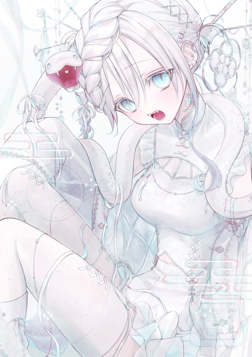1girl blue_eyes blush braid breasts chiba_megumu commentary_request dress earrings fangs hair_ornament hairpin highres jewelry layered_dress looking_at_viewer medium_breasts open_mouth original pale_skin slit_pupils snake snake_on_shoulder solo thighhighs white_dress white_hair white_thighhighs
