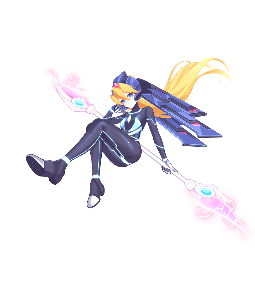 1girl absurdres aizeis alternate_costume alternate_hairstyle beam_weapon blonde_hair blue_eyes bodystocking boots breasts ciel_(mega_man) commission commissioner_upload crossed_legs energy_blade eyelashes full_body gloves glowing glowing_lines glowing_markings helmet highres holding holding_polearm holding_weapon incoming_attack long_hair looking_at_viewer mechanical_ears mega_man_(series) mega_man_zero_(series) mega_man_zx model_l_(mega_man) no_armor non-web_source petite polearm ponytail small_breasts sword thigh_boots transparent_background weapon