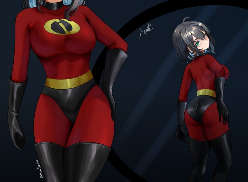 1girl aqua_hair arm_at_side artist_name ass ass_focus black_boots black_gloves bodysuit boots breasts brown_eyes brown_hair closed_mouth cosplay dot_nose elastigirl elastigirl_(cosplay) eyebrows eyelashes feet_out_of_frame female_focus gloves green_eyes hand_on_own_hip heterochromia highres huge_ass idol_corp large_breasts looking_at_mirror looking_back mana_(manasenshou) medium_hair meica_(vtuber) mirror multicolored_hair red_bodysuit reflection solo standing the_incredibles thigh_boots thighs two-tone_hair virtual_youtuber