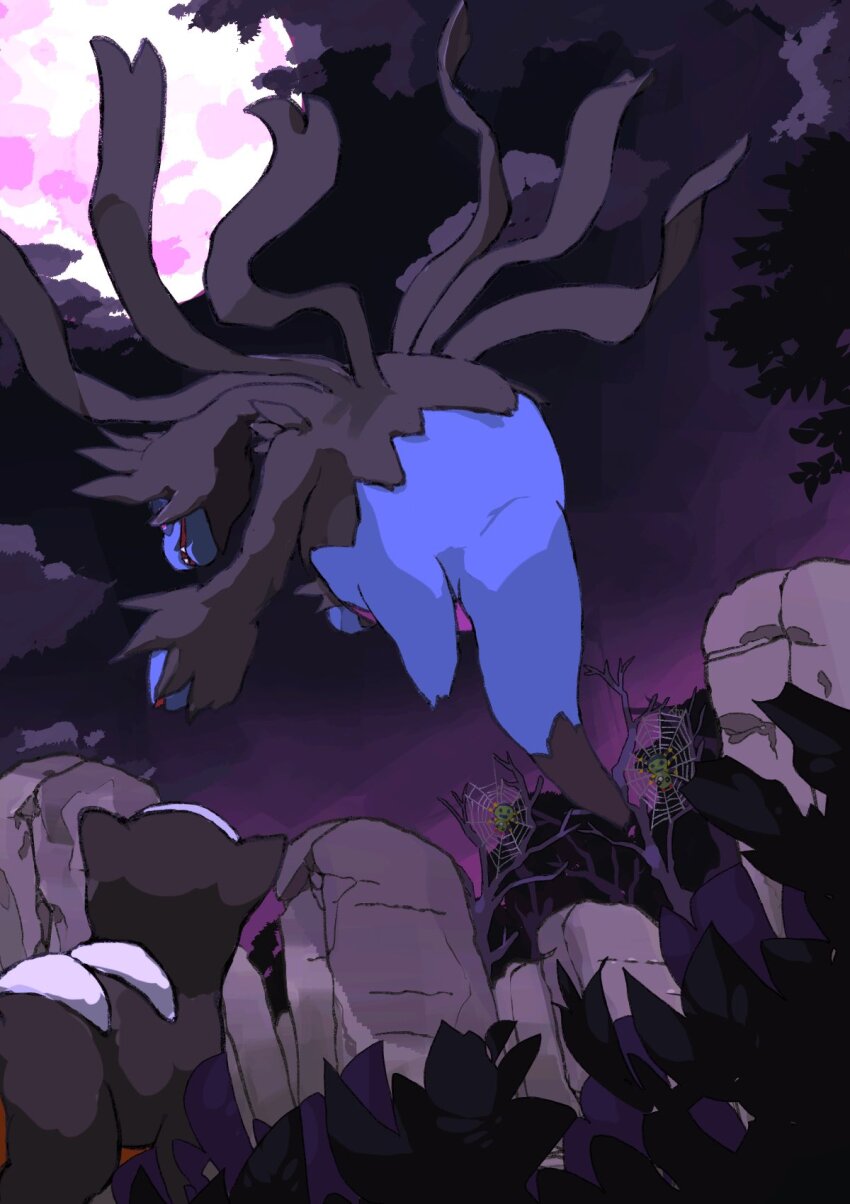 aomon_(yuuji7604) bare_tree black_sclera bug colored_sclera dog dragon fangs floating full_moon gen_2_pokemon gen_5_pokemon highres houndour hydreigon leaf moon multiple_heads night nintendo no_humans pokemon pokemon_(creature) silk spider spider_web spinarak tail tombstone tree