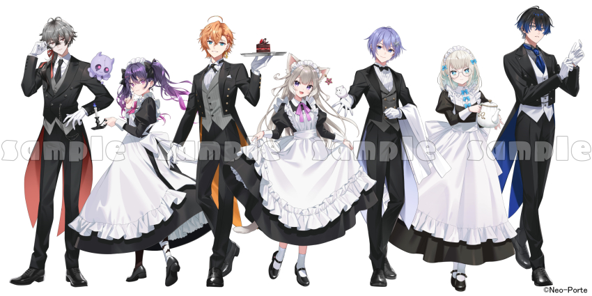 3girls 4boys :d adjusting_clothes adjusting_eyewear adjusting_gloves ahoge alternate_costume amane_amu animal_ear_piercing animal_ears antenna_hair aogiri_eito apron asymmetrical_sidelocks bandaged_ankle black_bow black_bowtie black_coat black_dress black_hair black_necktie black_pants black_pantyhose black_shoes black_suit blue_bow blue_bowtie blue_eyes blue_hair blue_necktie blunt_bangs bow bowtie butler buttons cake candle candlestand cat_ears cat_girl center-flap_bangs center_frills chocolate_cake closed_mouth coat collared_dress collared_shirt colored_tips copyright_notice cross_tie diamond_earrings double-breasted dress ear_piercing earrings enmaided expressionless fang finger_to_mouth food formal_clothes frilled_apron frills fruit full_body ghost glasses gloves grey_coat grey_eyes grey_hair grey_shirt grey_vest hair_behind_ear hair_between_eyes hair_bow hair_ornament hair_over_shoulder hairclip hand_on_eyewear hand_on_own_hip highres holding holding_candlestand holding_teapot holding_tray index_finger_raised itoi_toi_(neo-porte) jewelry juliet_sleeves kuga_leo lapels lineup long_dress long_hair long_sleeves looking_at_viewer looking_to_the_side low_ponytail maid maid_apron maid_headdress mary_janes medium_hair miya_(ete) monocle mullet multicolored_hair multiple_boys multiple_girls neck_ribbon necktie neo-porte notched_lapels official_art open_clothes open_coat open_hand open_mouth orange_coat orange_hair oxfords pants pantyhose parted_lips piercing pink_bow pink_bowtie pink_eyes pink_hair pink_ribbon pocket_square ponytail puffy_sleeves purple_eyes purple_hair red_coat red_eyes red_ribbon ribbon round_eyewear sample_watermark shibuya_hal shirayuki_reid shirt shoes short_hair sidelocks simple_background single_earring skin_fang skirt_hold smile snowflake_hair_ornament socks sparkle_earrings standing strawberry suit tailcoat teapot towel towel_on_arm traditional_bowtie tray tuxedo_shirt twintails vest virtual_youtuber watermark white_apron white_background white_gloves white_hair white_pantyhose white_shirt white_socks white_vest yozuna_niu