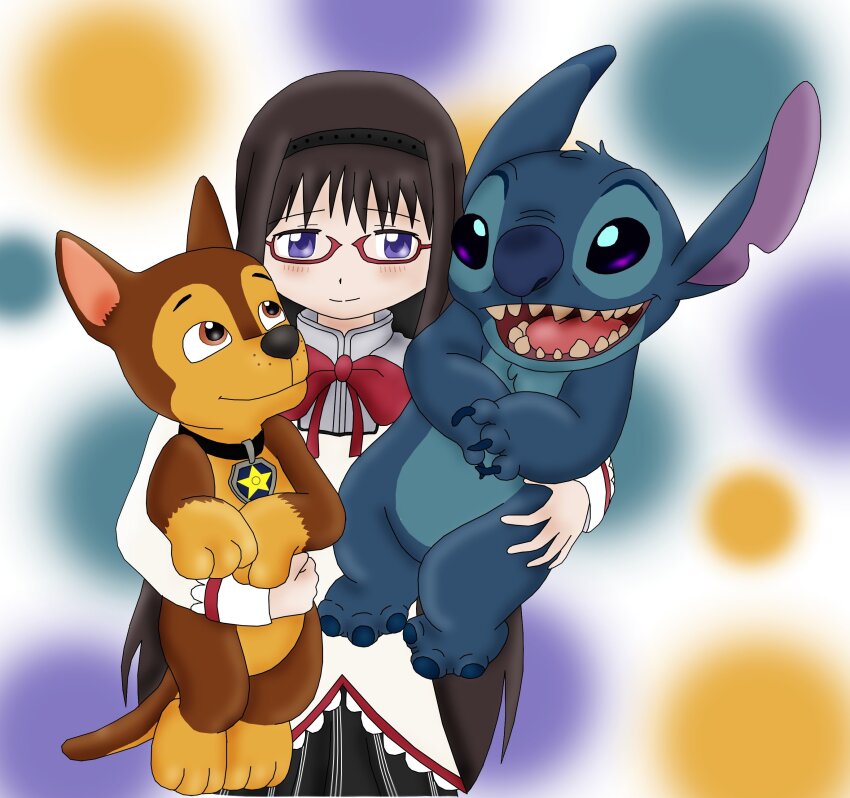 1girl 2boys abstract_background absurdres akemi_homura chase_(paw_patrol) crossover disney german_shepherd highres lifting_animal lilo_&amp;_stitch mahou_shoujo_madoka_magica majka626 mitakihara_school_uniform multiple_boys multiple_crossover paw_patrol school_uniform stitch_(lilo_&amp;_stitch)