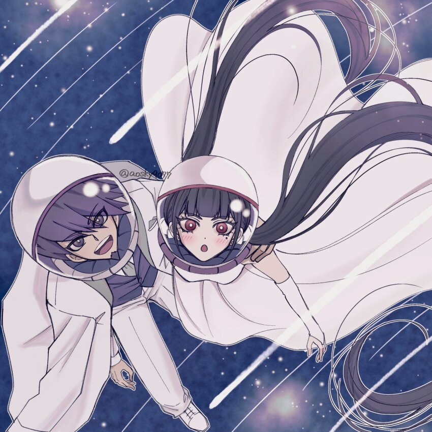 1girl :d :o alternate_costume bare_shoulders blush breasts brown_hair danganronpa_(series) danganronpa_v3:_killing_harmony detached_sleeves dress earrings facial_hair goatee harukawa_maki helmet highres jacket jewelry long_hair looking_at_viewer mole mole_under_eye momota_kaito open_mouth pants red_eyes satori_(aosky9077) small_breasts smile space space_helmet twintails white_dress white_jacket white_pants white_sleeves