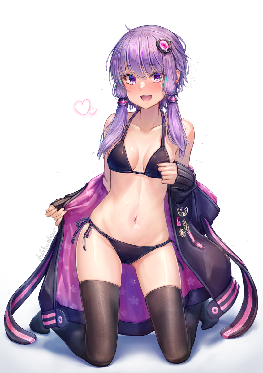 1girl :d animal_ear_hood animal_ears bare_shoulders bikini bikini_under_clothes black_bikini breasts clothes_pull fake_animal_ears floral_print full_body groin hair_between_eyes hair_ornament hairpin hand_up happy heart heart-shaped_pupils highres hood jacket jacket_pull kneeling legs_apart long_hair long_sleeves lukky_clover navel off_shoulder open_clothes open_jacket open_mouth purple_eyes purple_hair rabbit_ears rabbit_pin side-tie_bikini_bottom small_breasts smile solo stomach swimsuit symbol-shaped_pupils thighhighs twintails upper_body vocaloid yuzuki_yukari