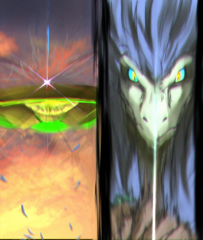 1boy 1other alien dinosaur fate/grand_order fate_(series) flying_saucer highres mystic_eyes_of_death_perception ort_(type-moon) sky spacecraft spoilers tepeu_(fate) xfrei