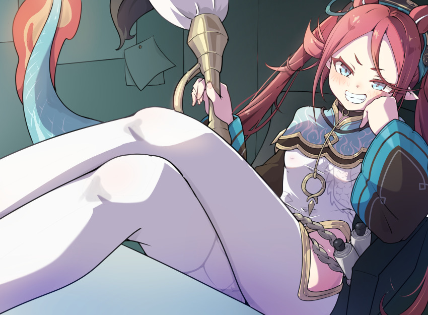 1girl arm_support blue_eyes brown_choker calligraphy_brush chinese_clothes chixia_(stella_sora) choker crossed_legs dragon_girl dragon_tail forehead grin hair_between_eyes hand_on_own_cheek hand_on_own_face highres holding holding_calligraphy_brush holding_paintbrush legs_on_table light_blush long_hair long_sleeves mosuke1221 oversized_object paintbrush pantyhose parted_bangs pointy_ears reclining red_hair scroll shrug_(clothing) smile solo stella_sora tail twintails very_long_hair wide_sleeves