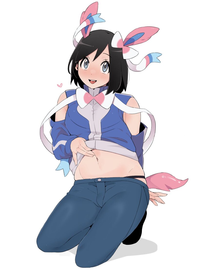 1boy adapted_costume animal_ears black_hair black_male_underwear black_socks blue_sleeves blue_vest calem_(pokemon) commentary_request detached_sleeves full_body gen_6_pokemon grey_eyes heart highres kneeling lifting_own_clothes male_focus male_underwear nintendo open_mouth pants pokemon pokemon_xy sana_(37pisana) shoes short_hair smile socks solo sylveon tail teeth underwear upper_teeth_only vest vest_lift white_background