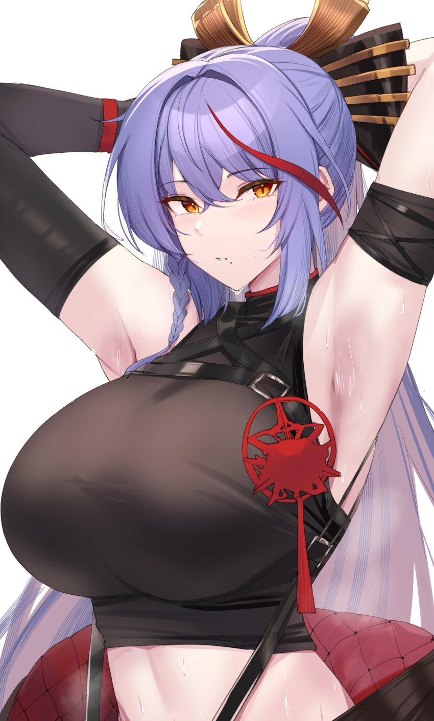 1girl absurdres akafuyu_(arknights) arknights armband black_gloves black_shirt braid breasts commentary crop_top elbow_gloves enough_333 gloves hair_between_eyes highres huge_breasts long_hair looking_at_viewer midriff multicolored_hair orange_eyes parted_lips ponytail purple_hair red_hair shirt sidelocks simple_background single_braid single_glove sleeveless sleeveless_shirt solo stomach streaked_hair sweat upper_body very_long_hair white_background