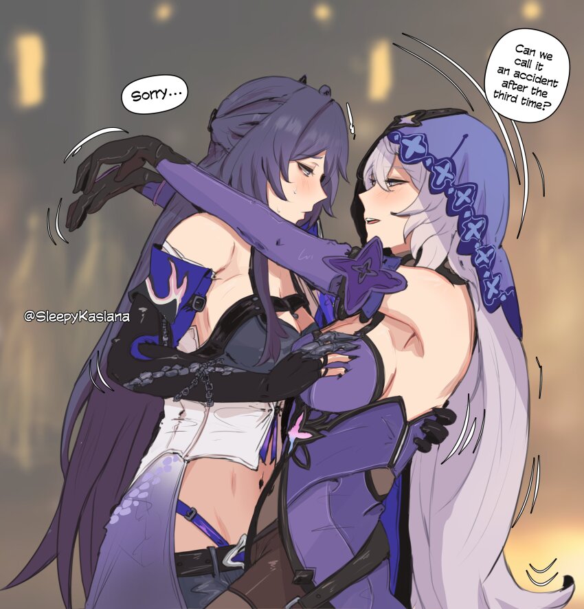 2girls absurdres acheron_(honkai:_star_rail) arm_armor arm_around_back bare_shoulders black_swan_(honkai:_star_rail) blurry blurry_background blush breasts couple detached_sleeves english_text face-to-face fingernails from_side gloves grabbing_another&#039;s_breast grey_hair groping hand_on_another&#039;s_back highres honkai:_star_rail honkai_(series) hug large_breasts leaning_back leaning_forward light_smile long_hair looking_at_another midriff multiple_girls navel parted_lips purple_hair sideboob sleepy_kaslana stomach sweat upper_body veil very_long_hair yuri
