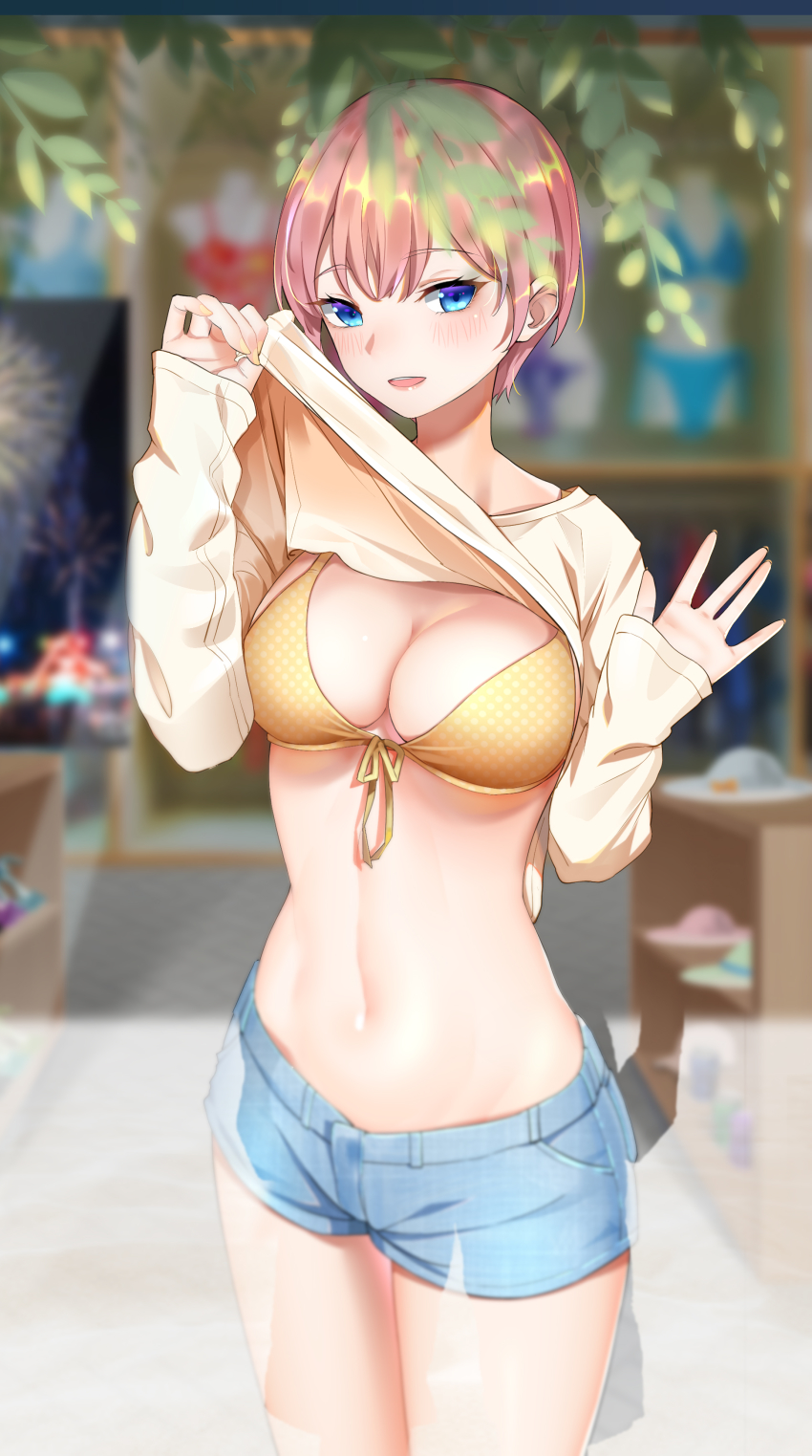 1girl absurdres bikini bikini_top_only bikini_under_clothes blue_eyes blush breasts cleavage clothes_lift day female_focus front-tie_bikini_top front-tie_top go-toubun_no_hanayome hair_between_eyes highres kongbai large_breasts lifting_own_clothes looking_at_viewer nail_polish nakano_ichika navel open_mouth orange_bikini pink_hair polka_dot polka_dot_bikini polka_dot_bikini_top shirt shirt_lift short_hair short_shorts shorts smile solo standing swimsuit yellow_nails