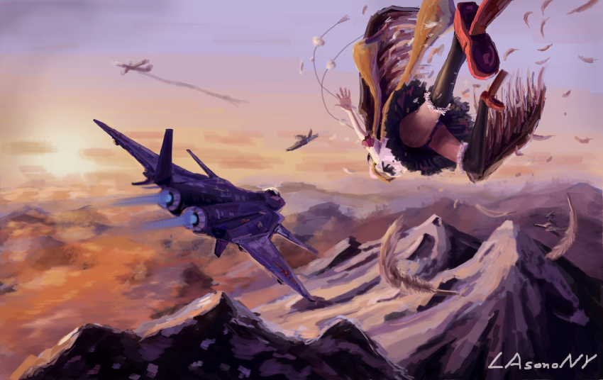 1girl aircraft airplane artist_name aura bird_wings chengdu_j-20 feathers female_focus flying geta highres insignia jet kirisame_marisa kneehighs lasonony mountain outdoors panties purple_panties revision scarf shameimaru_aya short_sleeves skirt socks solo tengu-geta touhou twilight underwear upskirt vehicle_focus wings