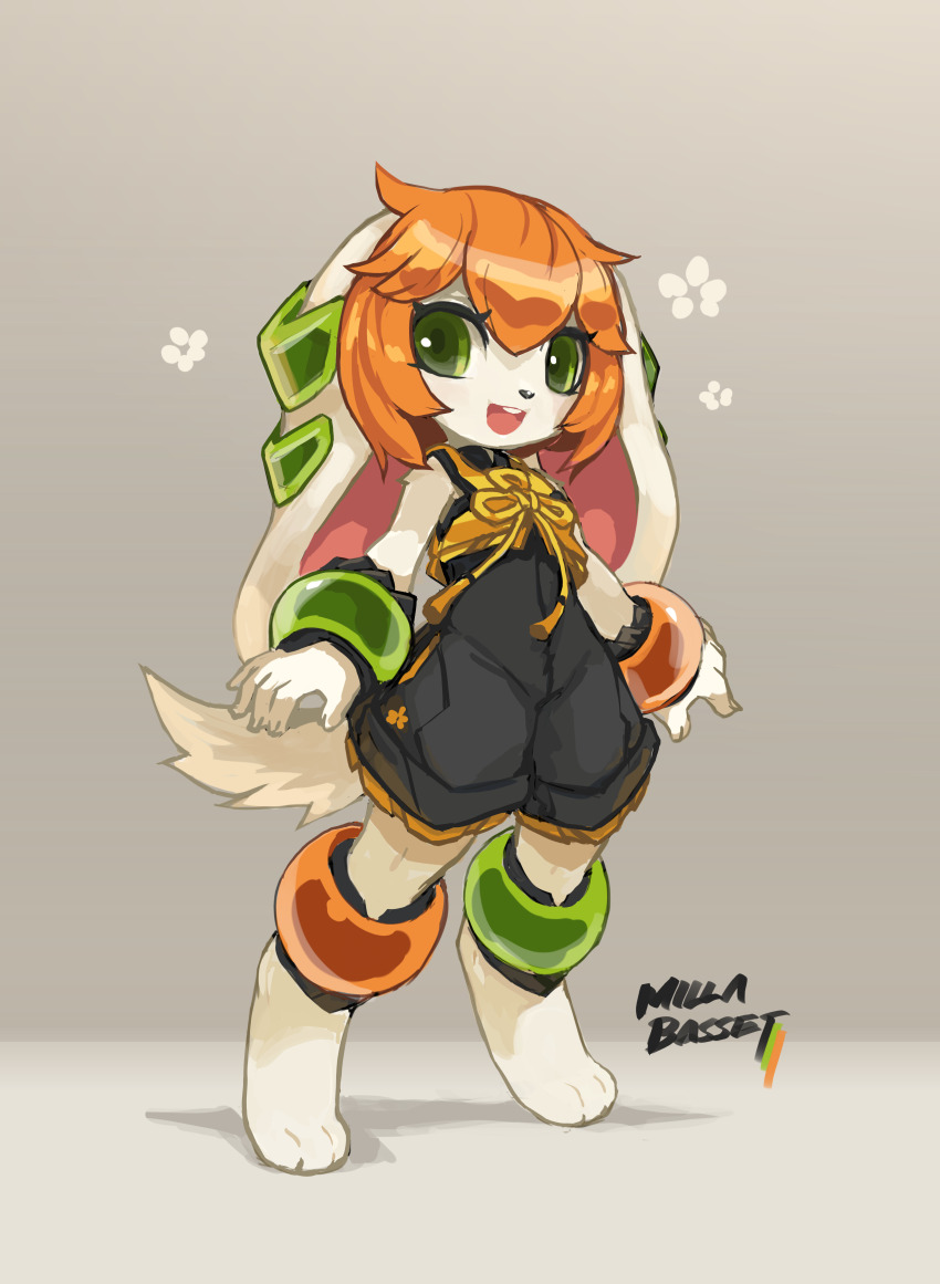 1girl 2016 absurdres ahoge animal_ears anklet bag barefoot basset_hound bracelet chinese_clothes chinese_knot crop_top digitigrade dog dog_ears dog_girl dog_tail flat_chest freedom_planet freedom_planet_2 furry furry_female green_eyes highres jewelry krita_(medium) looking_at_viewer milla_basset non-web_source open_mouth orange_hair romper smile standing tail tsurime tyson_tan wristband