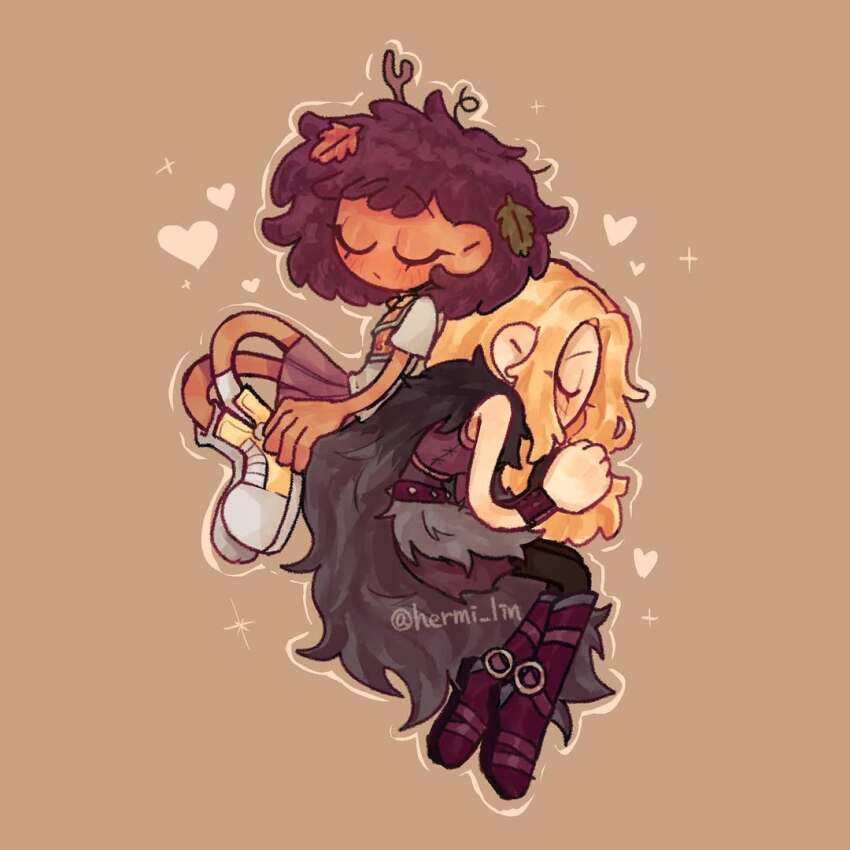 2girls amphibia anne_boonchuy armor armored_boots back-to-back blonde_hair blush boots breastplate brown_background brown_hair cape closed_eyes dark-skinned_female dark_skin from_side full_body fur_cape fur_skirt heart hermi leaf leaf_on_head long_hair multiple_girls pantyhose pleated_skirt purple_skirt resistance_costume_(amphibia) sasha_waybright shoes short_hair short_sleeves signature single_shoe skirt sneakers socks spiked_belt yuri