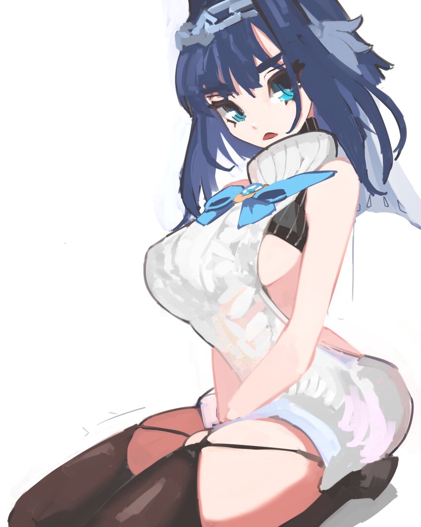 1boy blue_eyes blue_hair breasts hololive hololive_english ouro_kronii pea_(poopingirl) tagme underboob virgin_killer_sweater virtual_youtuber white_background