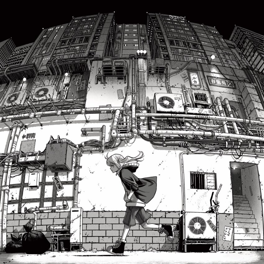 1girl air_conditioner building city cityscape fisheye from_side greyscale hands_in_pockets highres hood hood_down monochrome omao original outdoors scenery shorts side_ponytail sign solo urban wide_shot wire