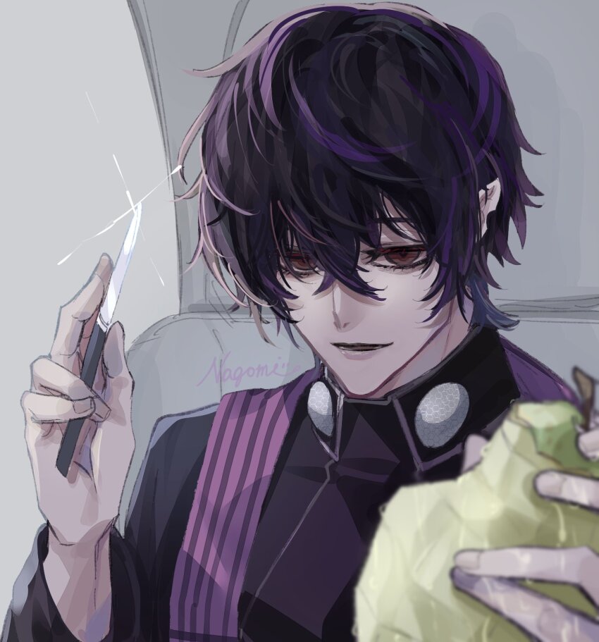 1boy apple artist_name beelzebub_(shuumatsu_no_valkyrie) black_hair chair food fruit glint hair_between_eyes highres hishui_prpr holding holding_food holding_fruit holding_knife knife notched_ear open_mouth pointy_ears red_eyes shuumatsu_no_valkyrie signature smile stole