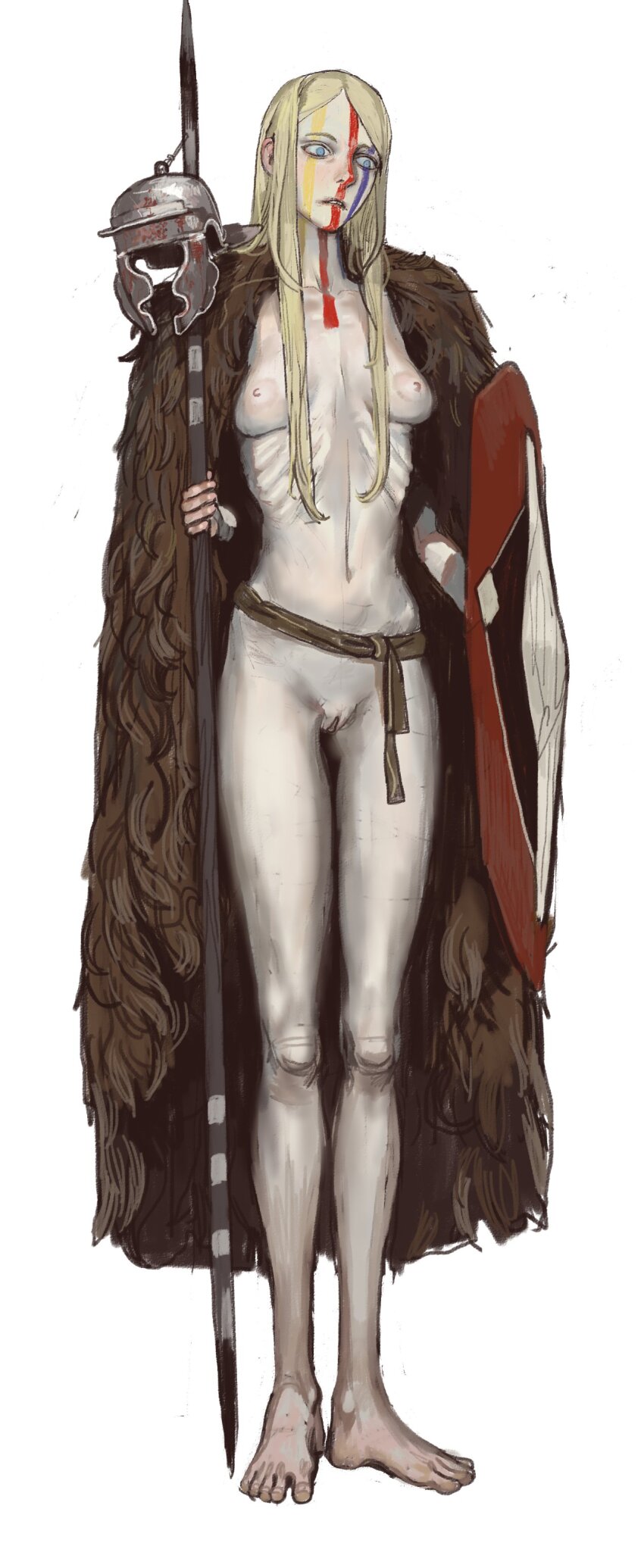 1girl absurdres armor blonde_hair breasts casual_nudity coat facepaint feet fur_coat germanic germany greco-roman_clothes helmet highres long_hair medium_breasts mossacannibalis pussy ribs roman_armor roman_clothes shield slender staff warrior