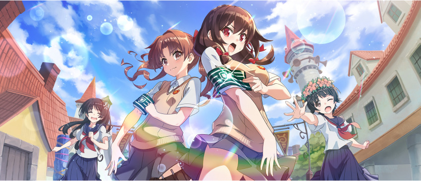 4girls armband black_hair blue_sailor_collar blue_skirt blue_sky bow braid breasts brown_eyes brown_hair brown_sweater_vest building clenched_hands closed_eyes clothes_lift cloud cloudy_sky collared_shirt cosplay crossover crown_braid day emblem flower flower_wreath from_below game_cg green_armband grey_skirt hair_bow hair_flower hair_ornament head_wreath highres holster judgement_armband_(toaru) kono_subarashii_sekai_ni_shukufuku_wo! konosuba!_fantastic_days large_breasts long_hair looking_at_another looking_at_viewer looking_down low_twintails matching_outfits medium_breasts medium_skirt miniskirt multiple_girls neckerchief needle official_art one_eye_closed open_mouth outdoors outstretched_arm pleated_skirt reaching red_bow red_eyes red_neckerchief running sailor_collar sakugawa_school_uniform saten_ruiko school_emblem school_uniform serafuku shirai_kuroko shirai_kuroko_(cosplay) shirt short_hair short_sleeves skirt skirt_lift sky small_breasts summer_uniform sunlight sweatdrop sweater_vest thigh_holster thighs throwing_needles toaru_kagaku_no_railgun toaru_majutsu_no_index tokiwadai_school_uniform twintails uiharu_kazari v-shaped_eyebrows white_flower white_shirt yunyun_(konosuba)