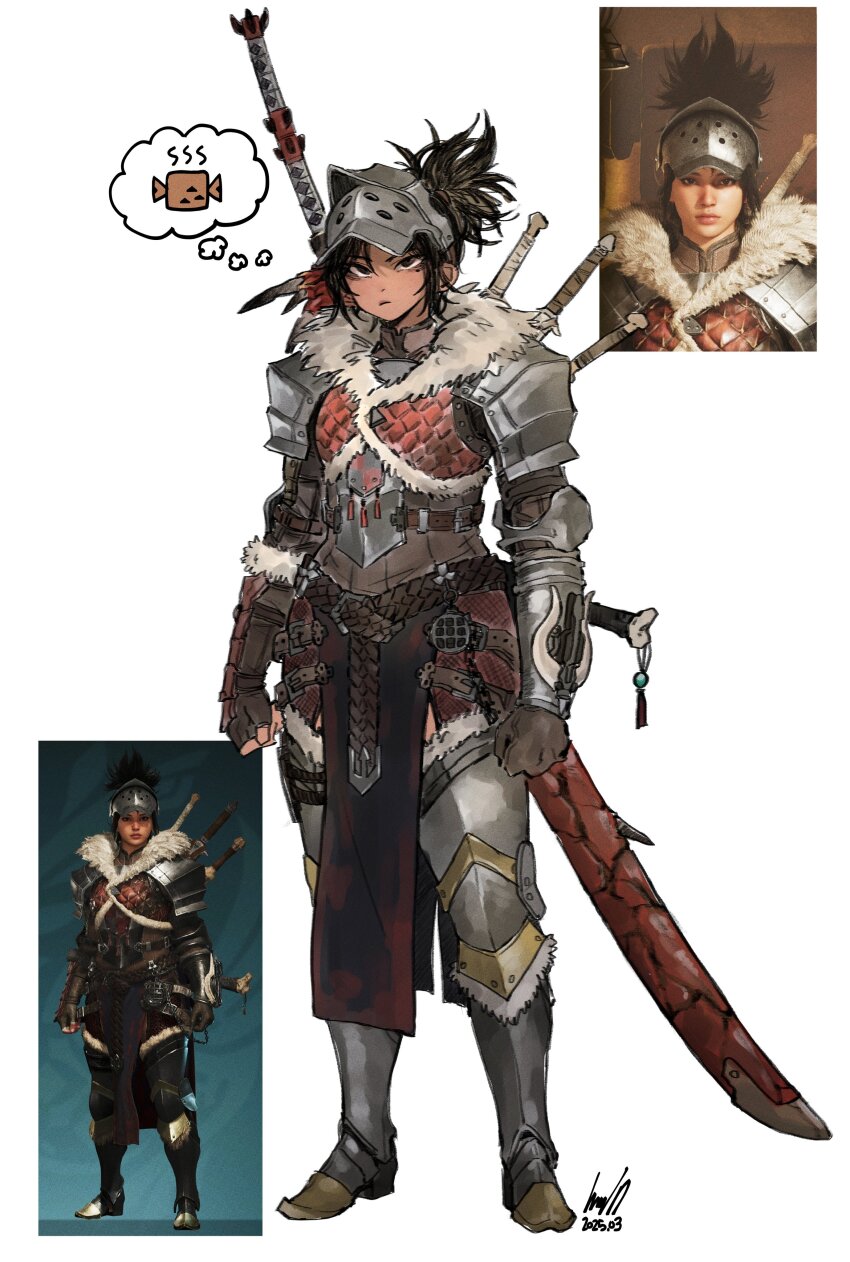 1girl absurdres annoyed armor belt black_eyes boots brown_hair concept_art copyright_request dagger full_body fur_collar game_screenshot gauntlets ginseng_(xin) highres knife leg_armor looking_at_viewer monster_hunter_(series) multiple_weapons scabbard sheath shoulder_armor solo sword weapon weapon_on_back white_background