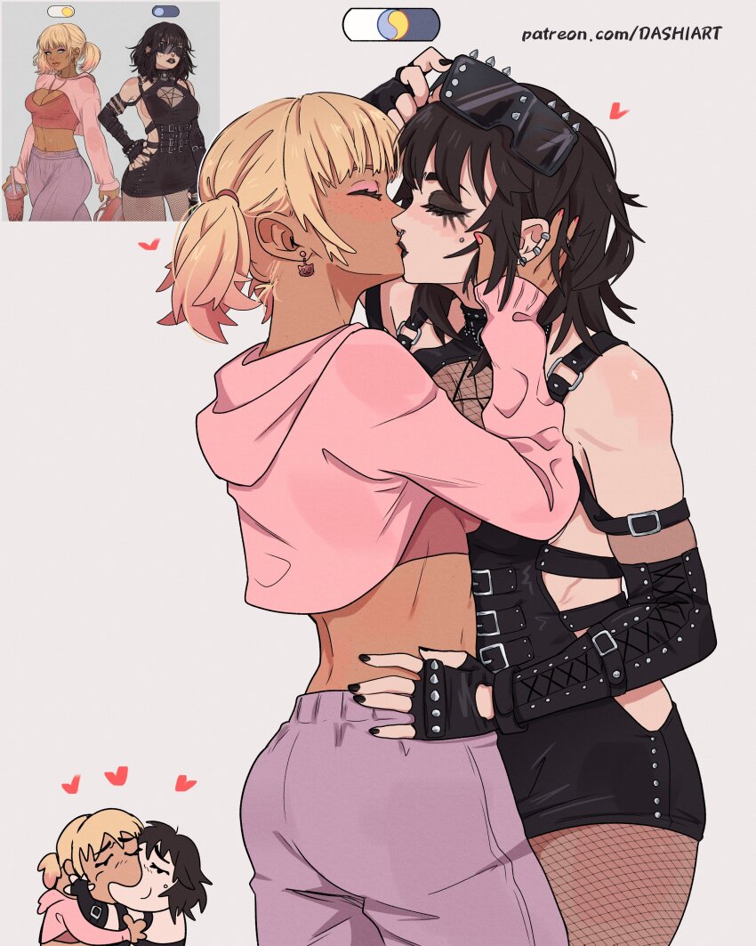 2girls absurdres baggy_pants black_eyeshadow black_hair black_nails black_pantyhose blonde_hair closed_eyes commentary crop_top cross-laced_clothes cross-laced_sleeves dashi_(dashiart) detached_sleeves ear_piercing earrings english_commentary extreme_crop_top eyeshadow eyewear_on_head face_piercing fingerless_gloves fishnet_pantyhose fishnets gloves goth_fashion gyaru hand_on_another&#039;s_cheek hand_on_another&#039;s_face highres jewelry kiss makeup meme multiple_girls nose_piercing original pants pantyhose patreon_username piercing pink_eyeshadow pink_nails spiked_gloves watermark web_address yoracrab yoshi_and_toad_kissing_(meme) yuri