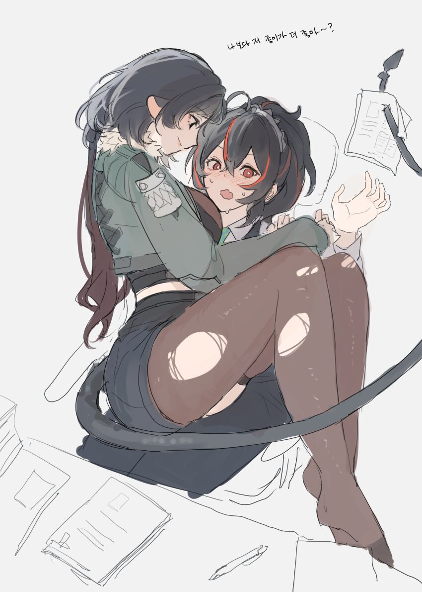 2girls absurdres animal_ears black_hair blush checkered_necktie eardoor_1022 green_eyes grey_jacket hashtag-only_commentary highres jacket jane_doe_(zenless_zone_zero) long_hair looking_at_another mouse_ears mouse_girl mouse_tail multicolored_hair multiple_girls necktie office police police_uniform policewoman ponytail red_eyes short_hair sitting sitting_on_person streaked_hair sweater tail turtleneck turtleneck_sweater zenless_zone_zero zhu_yuan