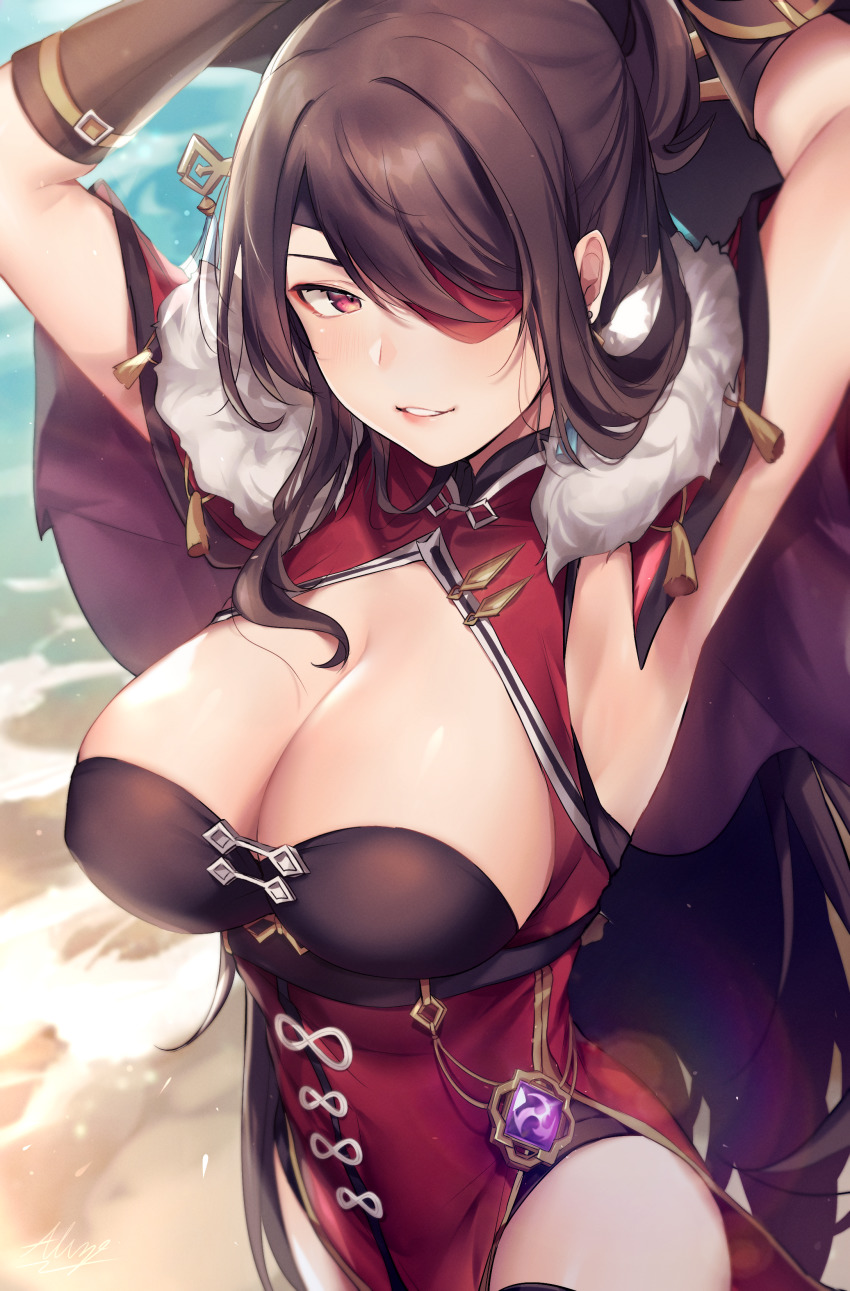 1girl absurdres allze armpits arms_up beach beidou_(genshin_impact) breasts brown_hair cleavage colored_eyepatch eyepatch fur_trim genshin_impact gloves hair_ornament hair_stick hairpin highres large_breasts lips looking_at_viewer one_eye_covered outdoors red_eyes sand solo teeth vision_(genshin_impact) water