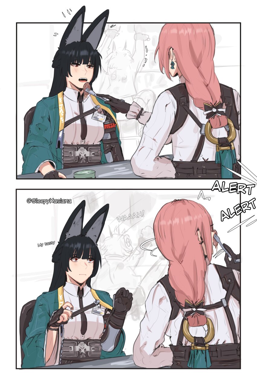 3girls absurdres animal_ears artist_name black_gloves black_hair blunt_bangs blush dress_shirt earrings feeding fingerless_gloves fork fox_ears fox_girl gauntlets gloves highres holding holding_fork hoshimi_miyabi jewelry long_hair multiple_girls open_mouth pink_hair red_eyes ring_hair_ornament shirt sidelocks single_fingerless_glove sitting sleepy_kaslana soukaku_(zenless_zone_zero) table teeth tsukishiro_yanagi white_shirt yuri zenless_zone_zero