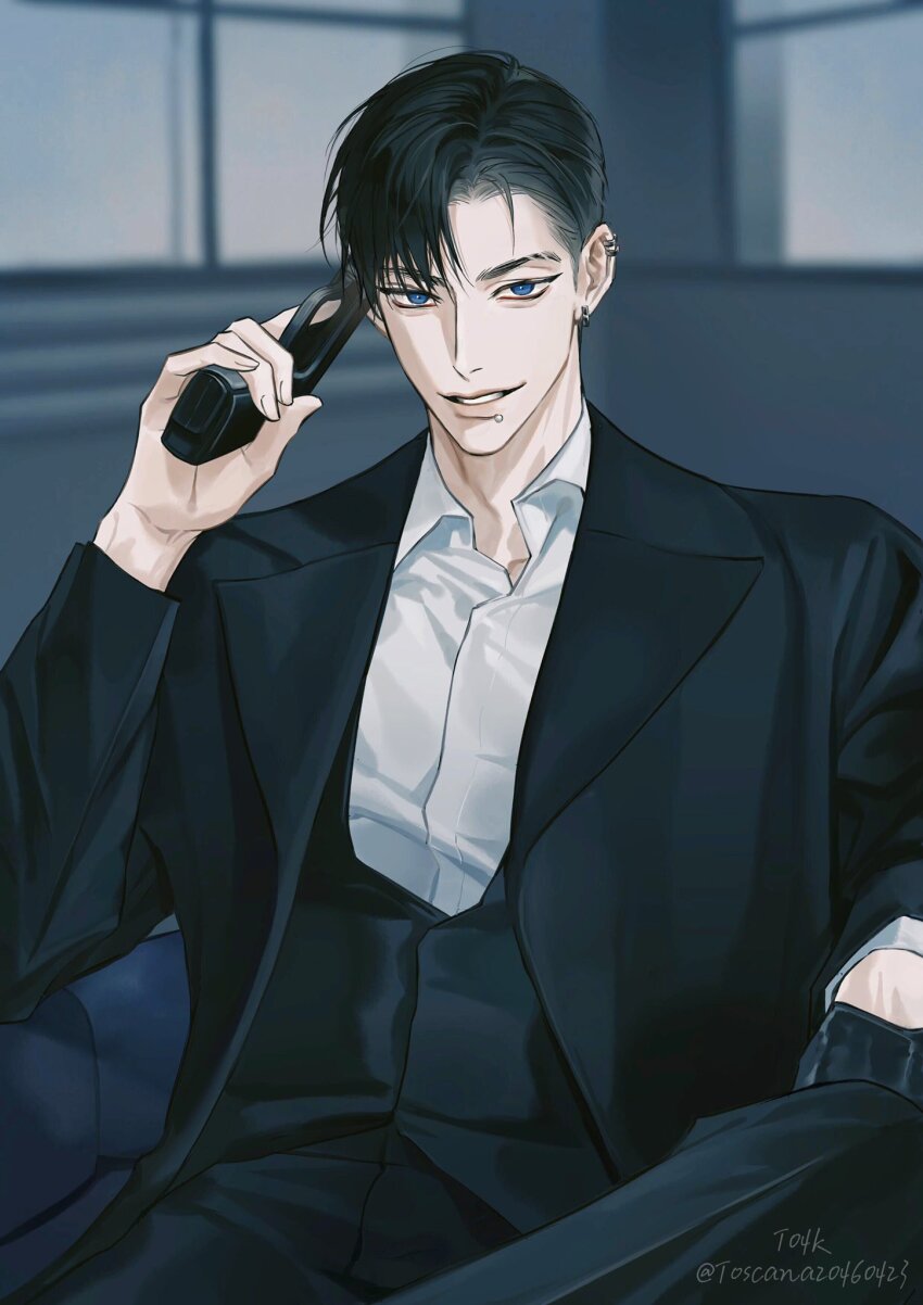 1boy artist_name black_gloves black_hair black_jacket black_pants blue_eyes blurry blurry_background commentary crossed_legs ear_piercing earrings english_commentary fingernails gloves gun half_gloves highres holding holding_gun holding_weapon indoors jacket jewelry looking_at_viewer male_focus mouth_piercing on_chair original pants parted_lips piercing shirt short_hair smile solo teeth toscana20460423 twitter_username upper_body weapon white_shirt