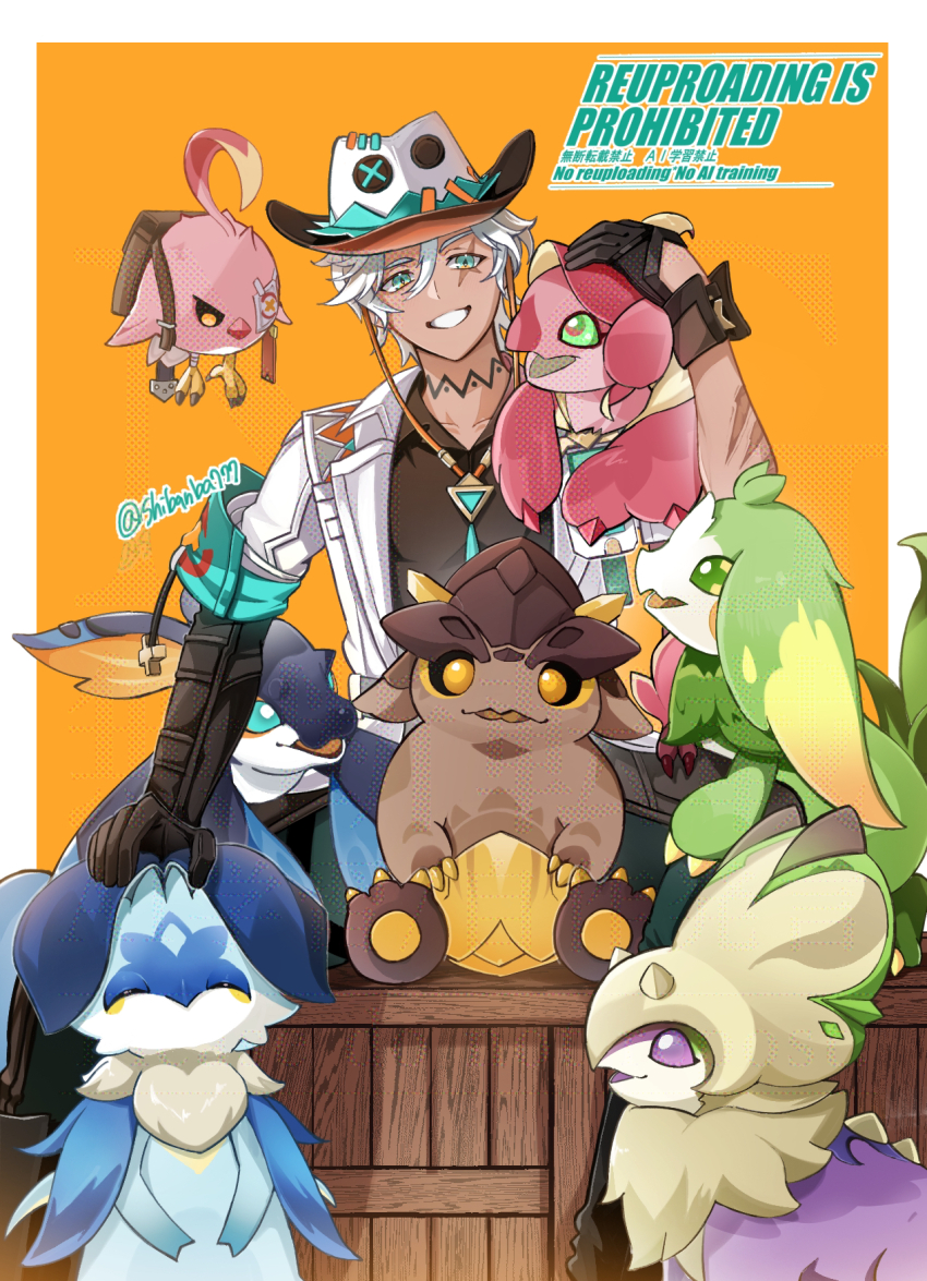 1boy black_gloves black_skirt border cacucu collarbone commentary_request cowboy_hat crate elbow_gloves floating genshin_impact gloves green_eyes grin hair_between_eyes hat highres ifa_(genshin_impact) iktomisaurus_(genshin_impact) jacket koholasaurus_(genshin_impact) long_hair looking_at_viewer male_focus qucusaurus_(genshin_impact) shiba_(tonari_no_shiba_inu) sitting skirt smile solo tatankasaurus_(genshin_impact) tepetlisaurus_(genshin_impact) twitter_username white_border white_hair white_jacket yellow_background yumkasaurus_(genshin_impact)