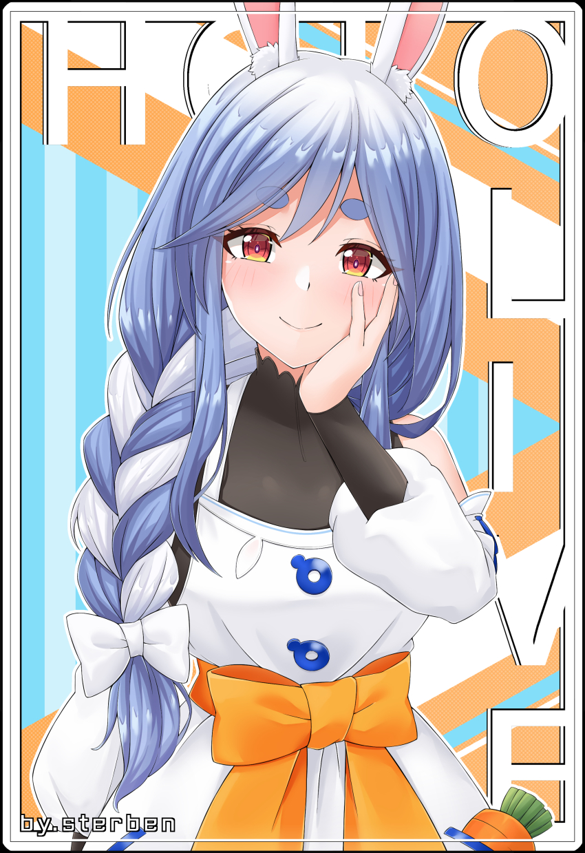 1girl absurdres animal_ears black_bodysuit blue_hair bodysuit braid braided_ponytail closed_mouth copyright_name dress hair_over_shoulder hand_on_own_face highres hololive long_hair mature_female multicolored_hair orange_eyes pekomama rabbit_ears rabbit_girl smile solo sterben_(sterben_dead) two-tone_hair very_long_hair virtual_youtuber white_dress white_hair