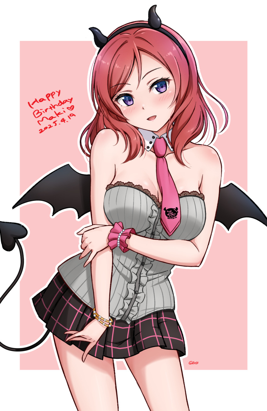 1girl :d bare_shoulders black_hairband bracelet breasts ckst contrapposto cowboy_shot dated demon_horns demon_tail demon_wings fake_horns grey_shirt hairband happy_birthday highres holding_own_arm horns jewelry love_live! love_live!_school_idol_project medium_breasts medium_hair miniskirt necktie nishikino_maki off-shoulder_shirt off_shoulder open_mouth pink_necktie plaid_clothes plaid_skirt red_hair shirt skirt smile solo tail wings