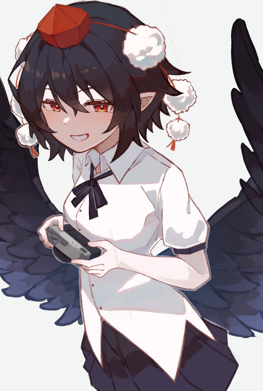 1girl bird_wings black_hair black_ribbon black_skirt black_wings blush breasts camera collared_shirt commentary feathered_wings grin hat highres hinataku1222 holding holding_camera low_wings miniskirt neck_ribbon pleated_skirt pom_pom_(clothes) puffy_short_sleeves puffy_sleeves red_eyes red_hat ribbon shameimaru_aya shirt short_hair short_sleeves simple_background skirt small_breasts smile solo tassel tokin_hat touhou untucked_shirt white_background white_shirt wings