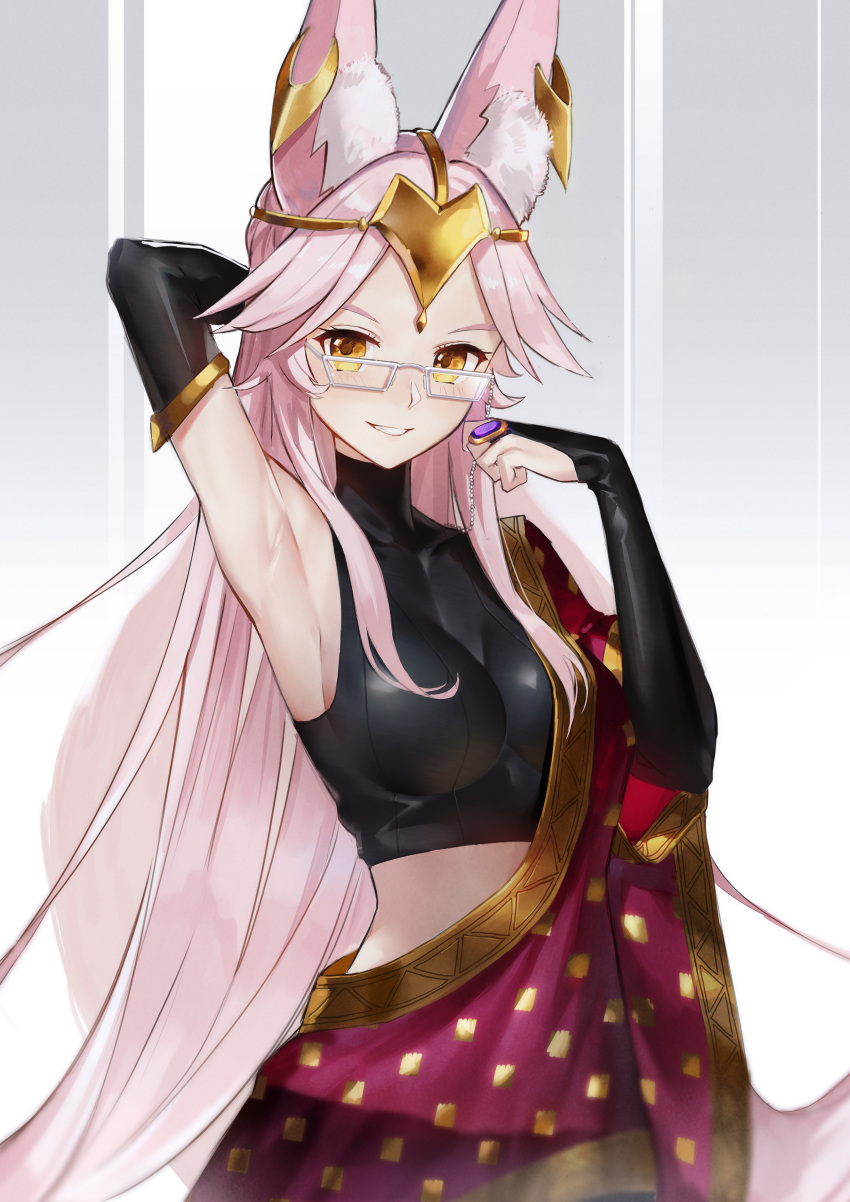 1girl absurdres animal_ear_fluff animal_ears bare_shoulders blush border breasts cloak closed_mouth commentary_request crop_top duan_henglong elbow_gloves fate/grand_order fate_(series) female_focus fox_ears glasses gloves hair_between_eyes headpiece highres indian_clothes koyanskaya_(fate) koyanskaya_(indian_lostbelt_outfit)_(fate) large_breasts long_hair looking_at_viewer pink_hair purple_background sidelocks signature smile solo standing tamamo_(fate) two-tone_background very_long_hair white_border yellow_eyes