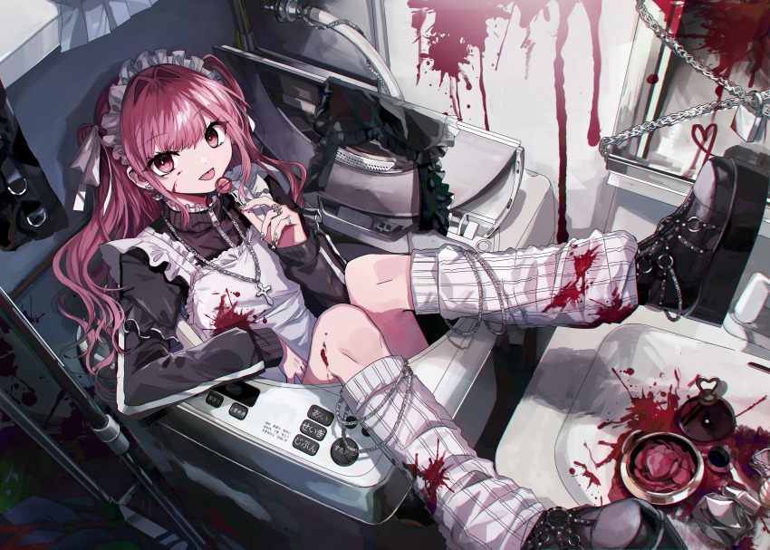 1girl absurdres apron black_apron black_jacket black_shoes blood blood_on_clothes blood_splatter candy commentary_request cross cross_necklace danjou_sora food frilled_apron frills highres holding holding_candy holding_food holding_lollipop jacket jewelry kneehighs latin_cross lollipop long_hair looking_at_viewer loose_socks maid nail_art necklace original red_eyes red_hair ribbed_legwear ring shoes socks solo tongue tongue_out top-load_washing_machine track_jacket two_side_up unconventional_maid washing_machine white_apron white_socks