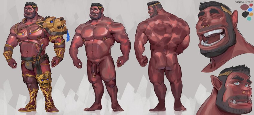1boy armor ass asymmetrical_clothes asymmetrical_legwear bara bare_pectorals beard belly black_hair bulge chivo_(kalchivo) collage colored_skin commission completely_nude multiple_expressions facial_hair fang foreskin full_body highres large_pectorals laurel_crown male_focus mature_male multiple_views muscular muscular_male navel navel_hair nipple_piercing nipple_rings nipples nude orc original pauldrons pectorals penis penis_piercing piercing pointy_ears prince_albert red_skin revealing_clothes second-party_source short_hair shoulder_armor smile stomach thick_thighs thighs uncensored uneven_legwear