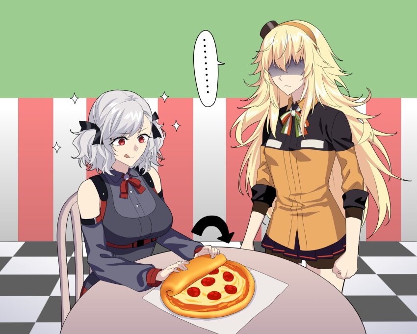 ... 2girls bare_shoulders bike_shorts blonde_hair breasts checkered_floor clenched_hands collared_shirt commentary commission detached_sleeves flag_print food girls&#039;_frontline green_eyes grey_hair hairband highres italian_flag italian_flag_print large_breasts long_hair margherita_pizza messy_hair miniskirt multiple_girls no_eyes orange_hairband orange_shirt pepperoni pepperoni_pizza pizza print_ribbon red_eyes ribbon rolling s.a.t.8_(girls&#039;_frontline) shaded_face shirt short_hair sitting skirt sleeves_rolled_up smile sparkle sparkling_aura spas-12_(girls&#039;_frontline) speech_bubble spoken_ellipsis suprii table twintails uniform very_long_hair