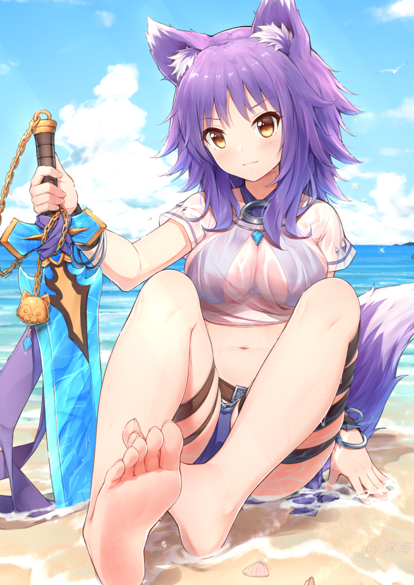 1girl animal_ear_fluff animal_ears barefoot beach belt bikini blue_gemstone breasts brown_belt cloud criss-cross_halter feet full_body gem halterneck highres holding holding_sword holding_weapon horizon knees_up large_breasts leg_belt makoto_(princess_connect!) makoto_(summer)_(princess_connect!) medium_hair navel ocean princess_connect! purple_bikini purple_hair see-through_clothes see-through_shirt shenhai_(2556146833) shirt sitting sky smile soles solo swimsuit sword tail toes weapon white_shirt wolf_ears wolf_girl wolf_tail yellow_eyes