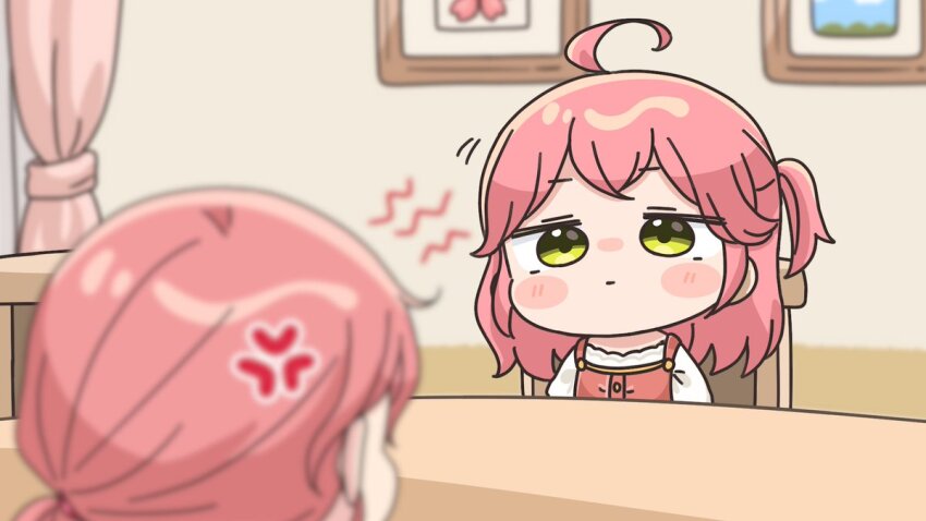 2girls ahoge anger_vein blurry blurry_background blurry_foreground blush_stickers chair chibi closed_mouth commentary_request curtains depth_of_field dress green_eyes hololive indoors mochimiko mother_and_daughter multiple_girls on_chair one_side_up pink_dress sakura_miko shirt sleeveless sleeveless_dress table virtual_youtuber white_shirt