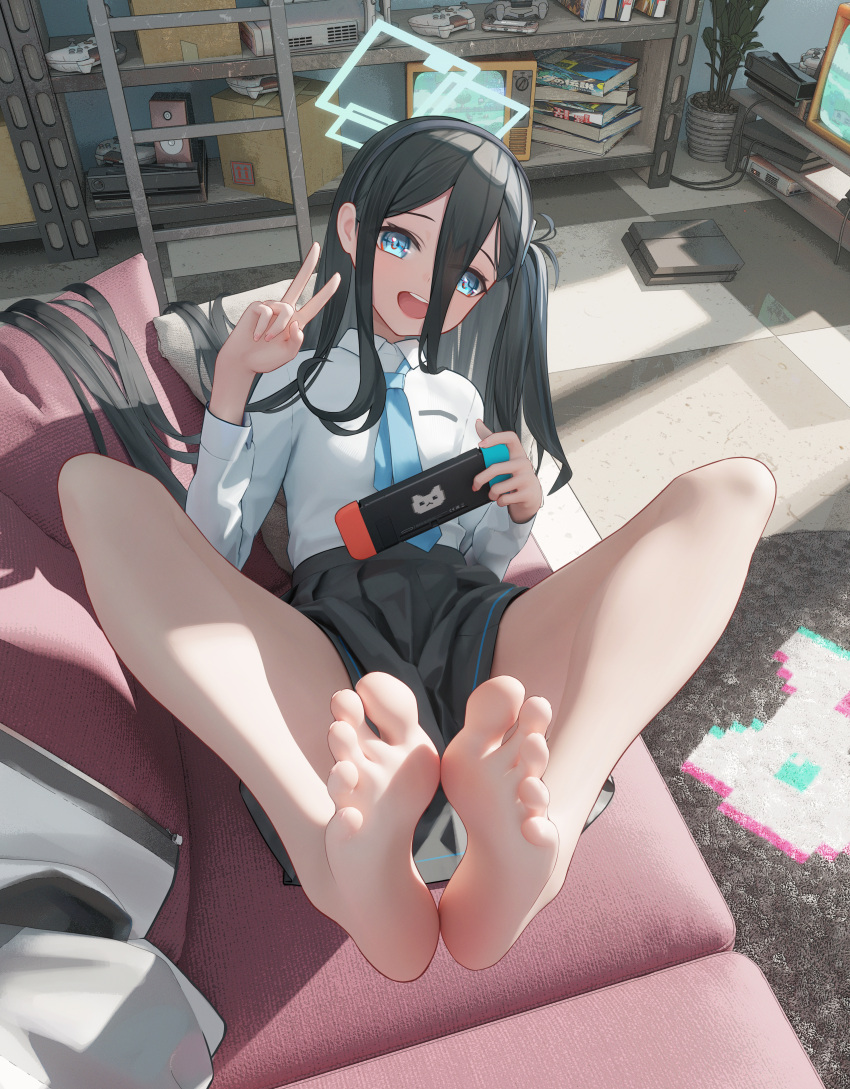 1girl 3d absurdly_long_hair absurdres aris_(blue_archive) barefoot black_hair black_hairband black_skirt blue_archive blue_eyes blue_necktie checkered_floor collared_shirt green_halo hairband halo handheld_game_console highres holding holding_handheld_game_console indoors long_hair looking_at_viewer mr_ito necktie one_side_up open_mouth plant pleated_skirt potted_plant shirt skirt smile soles solo television toes v very_long_hair white_shirt