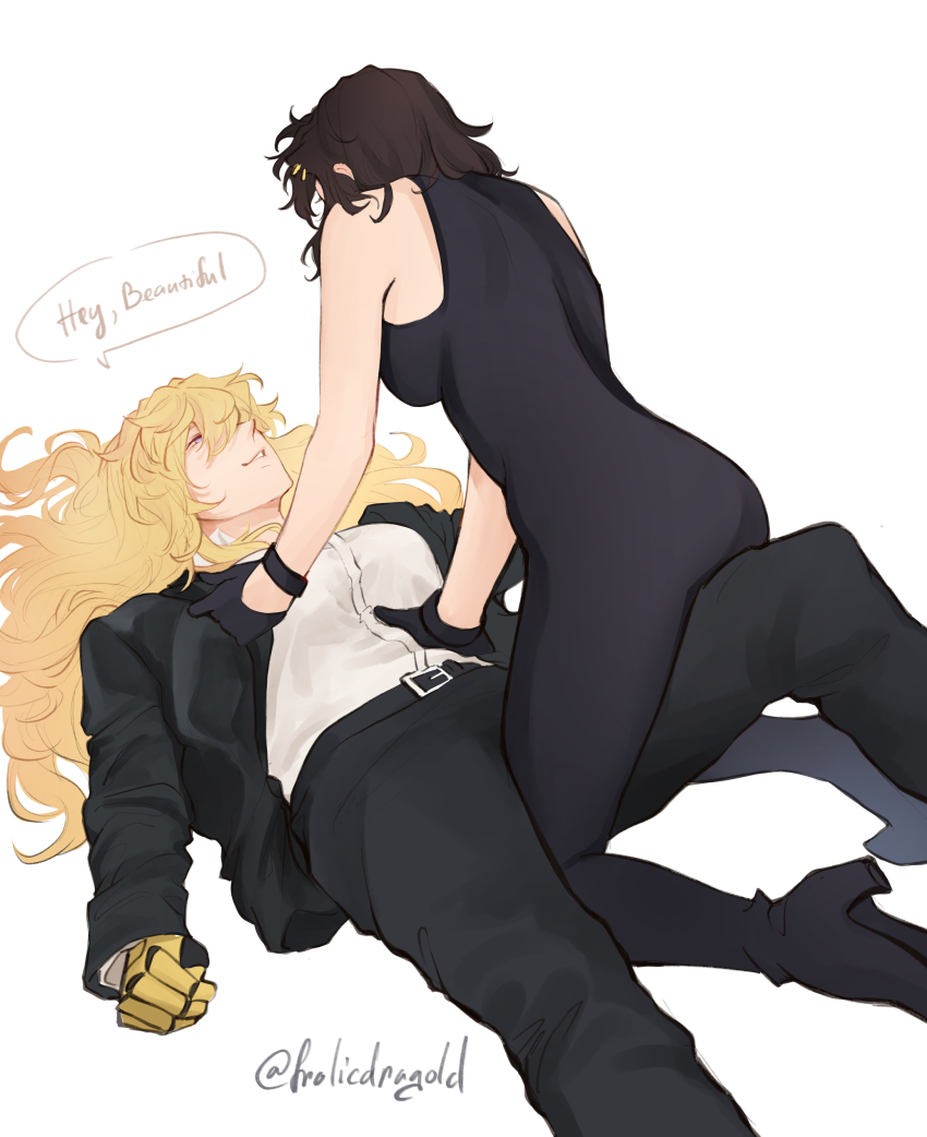 2girls absurdres animal_ears bare_arms black_dress black_gloves black_hair black_jacket black_pants black_shoes blake_belladonna blonde_hair breasts cat_ears commentary dress english_commentary english_text frolicdragold gloves hand_on_another&#039;s_shoulder high_heels highres jacket large_breasts leg_between_thighs long_hair mechanical_arms multiple_girls pants parted_lips rwby shirt shoes simple_background single_mechanical_arm sleeveless sleeveless_dress smile speech_bubble straddling twitter_username white_background white_shirt yang_xiao_long yuri