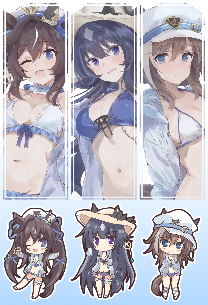 animal_ears beret bikini bikini_day black_hair blue_bikini blue_eyes blue_jacket blush breasts brown_hair cheval_grand_(umamusume) chibi cleavage collarbone commentary_request cowboy_shot double_v earrings ears_through_headwear fingernails frilled_thigh_strap front-tie_bikini_top front-tie_top grey_jacket groin hair_between_eyes hair_ornament hat heart highres horse_ears horse_girl horse_tail jacket jewelry kannagiray long_hair long_sleeves looking_at_viewer medium_breasts mole mole_under_eye multicolored_bikini navel one_eye_closed open_clothes open_jacket open_mouth short_hair siblings side-tie_bikini_bottom signature single_earring sisters smile solo stomach straw_hat swimsuit tail thigh_strap thighs two-tone_bikini umamusume v v_sisters verxina_(umamusume) vivlos_(umamusume) white_bikini white_hat