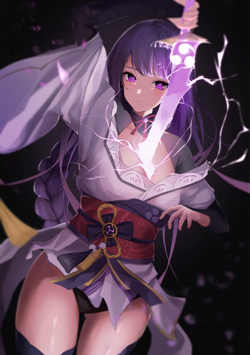 1girl absurdres braid breasts bridal_gauntlets cleavage coattails commentary_request dodari electricity energy_sword floral_print genshin_impact highres holding holding_sword holding_weapon human_scabbard japanese_clothes katana kimono large_breasts lon long_hair looking_at_viewer mitsudomoe_(shape) mole mole_under_eye obi obiage obijime parted_lips purple_eyes purple_hair raiden_shogun ribbon sash simple_background solo sword tassel thighhighs tomoe_(symbol) weapon wide_sleeves