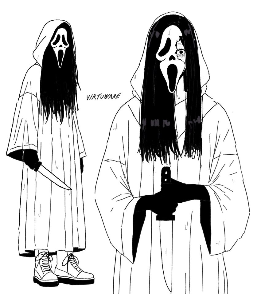 1girl artist_name bags_under_eyes black_eyes black_gloves black_hair boots broken_mask cloak commentary cosplay crossover english_commentary facing_viewer full_body ghost_girl ghost_mask ghostface ghostface_(cosplay) gloves greyscale highres holding holding_knife holding_weapon hood hooded_cloak horror_(theme) kitchen_knife knife long_hair looking_at_viewer mask messy_hair monochrome multiple_views scream_(movie) signature the_ring twitter_username upper_body virtuware weapon wet white_background white_cloak wide_sleeves yamamura_sadako